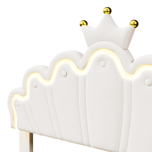 Cama estofada 140x200 cm - luz LED, 2 gavetas, cabeceira ajustável, coroa - branco