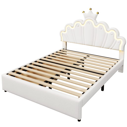 Cama estofada 140x200 cm - luz LED, 2 gavetas, cabeceira ajustável, coroa - branco