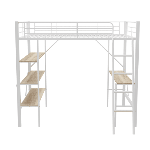 Cama mezzanine em ferro - 90x200cm - com secretária e 3 prateleiras - Branco