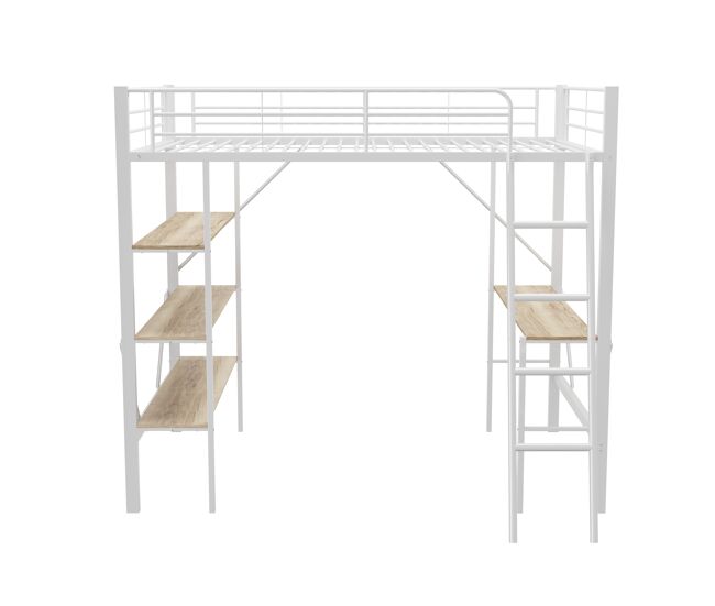 Cama entrepiso de hierro - 90x200cm - con escritorio y 3 estantes - blanco
