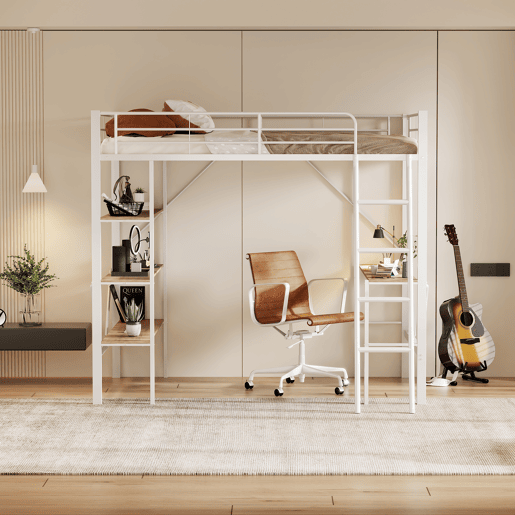 Cama mezzanine em ferro - 90x200cm - com secretária e 3 prateleiras - Branco