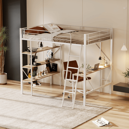 Cama mezzanine em ferro - 90x200cm - com secretária e 3 prateleiras - Branco