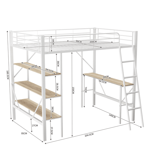 Cama mezzanine em ferro - 90x200cm - com secretária e 3 prateleiras - Branco