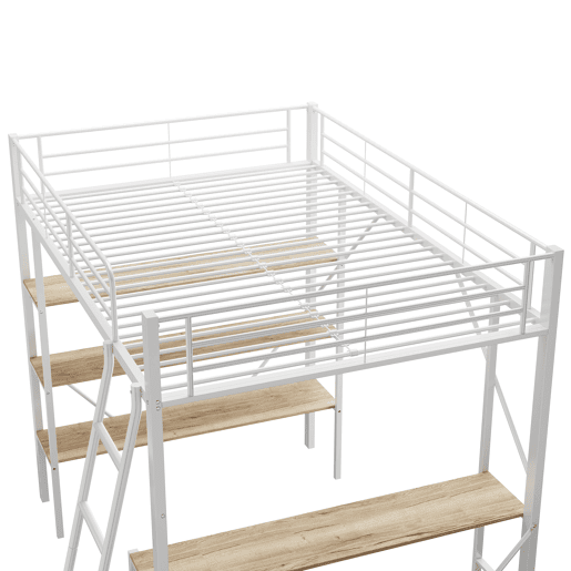 Cama mezzanine em ferro - 90x200cm - com secretária e 3 prateleiras - Branco