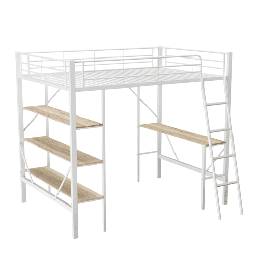 Cama mezzanine em ferro - 90x200cm - com secretária e 3 prateleiras - Branco