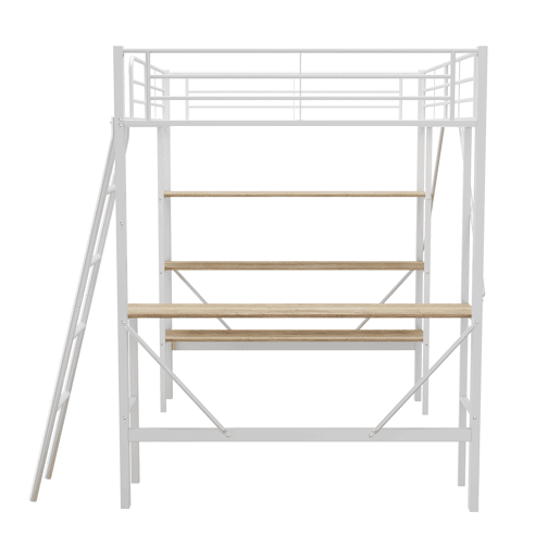 Cama mezzanine em ferro - 90x200cm - com secretária e 3 prateleiras - Branco