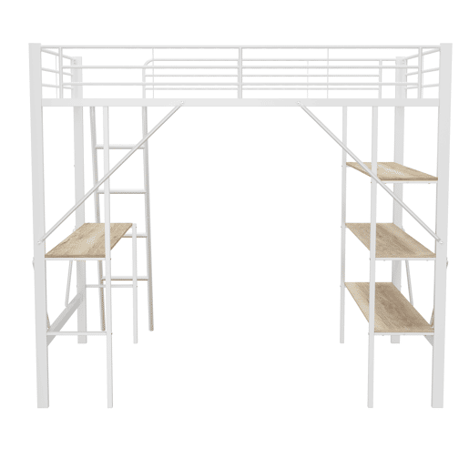 Cama mezzanine em ferro - 90x200cm - com secretária e 3 prateleiras - Branco