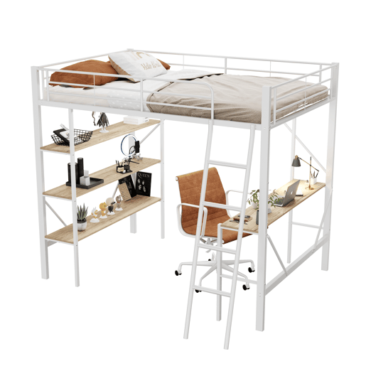 Cama mezzanine em ferro - 90x200cm - com secretária e 3 prateleiras - Branco
