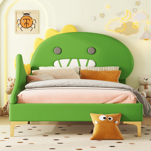 Cama de criança 90x200 cm - em forma de dinossauro - em pele sintética - Verde