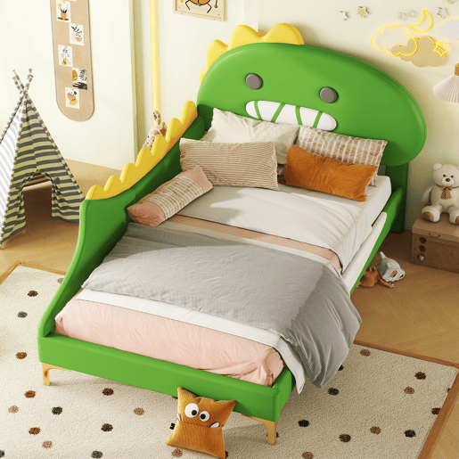 Cama de criança 90x200 cm - em forma de dinossauro - em pele sintética - Verde