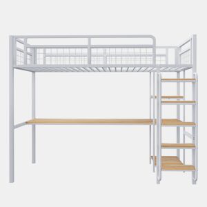 Cama alta metálica 90x200 cm - com secretária e escada de segurança - Branco