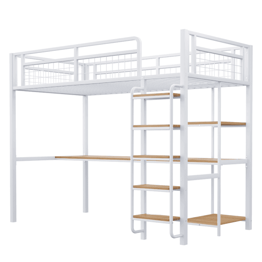 Cama alta metálica 90x200 cm - com secretária e escada de segurança - Branco