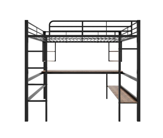 Cama entrepiso de hierro - 140x200 cm - con escritorio y 5 estantes - negro