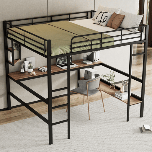 Cama mezzanine em ferro - 140x200 cm - com secretária e 5 prateleiras - Preto