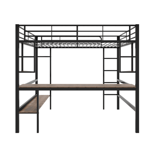 Cama mezzanine em ferro - 140x200 cm - com secretária e 5 prateleiras - Preto