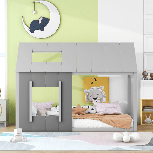 Cama cabina em madeira de pinho 90x200cm - cama para crianças com teto e janela e estrado - Cinzento