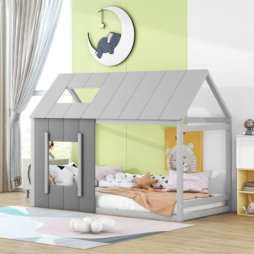 Cama cabina em madeira de pinho 90x200cm - cama para crianças com teto e janela e estrado - Cinzento