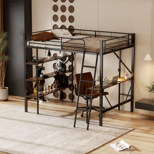 Cama mezzanine em ferro - 90x200 cm - com secretária e 3 prateleiras - Preto