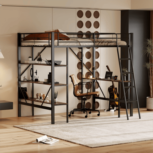 Cama mezzanine em ferro - 90x200 cm - com secretária e 3 prateleiras - Preto