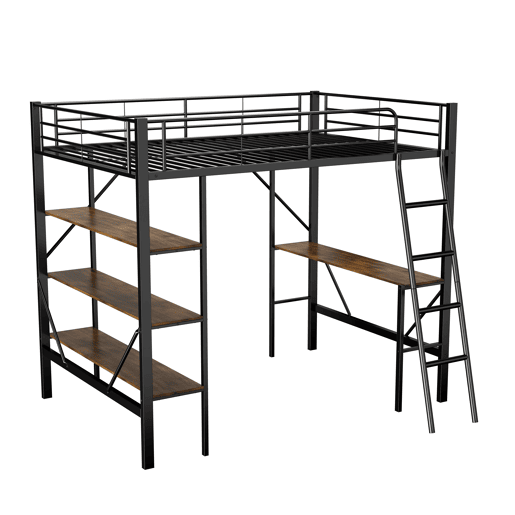 Cama mezzanine em ferro - 90x200 cm - com secretária e 3 prateleiras - Preto
