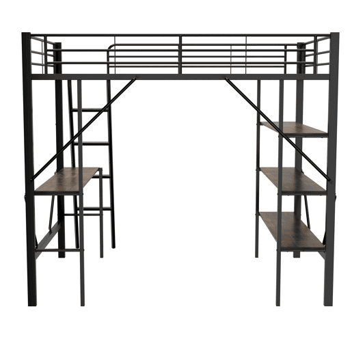 Cama mezzanine em ferro - 90x200 cm - com secretária e 3 prateleiras - Preto