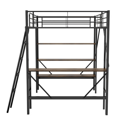 Cama mezzanine em ferro - 90x200 cm - com secretária e 3 prateleiras - Preto