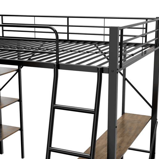 Cama mezzanine em ferro - 90x200 cm - com secretária e 3 prateleiras - Preto
