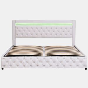 Cama contentora estofada em pele sintética com LED - 180x200 cm - com estrado - Branco