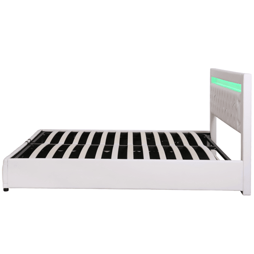 Cama contentora estofada em pele sintética com LED - 180x200 cm - com estrado - Branco