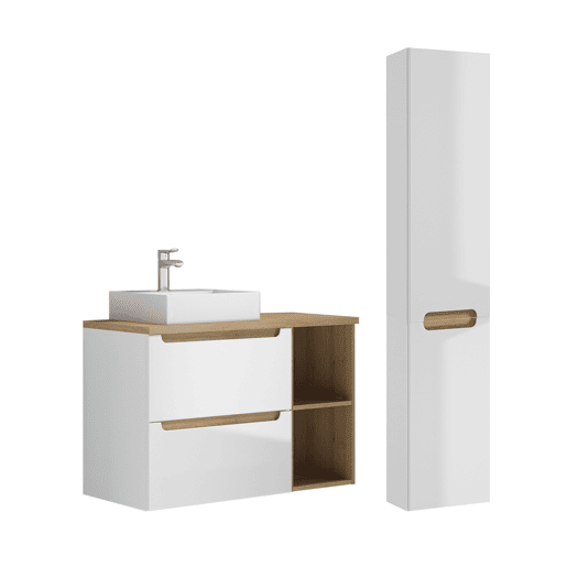 Conjunto móvel lavatório simples 90cm 2 nichos coluna Livia Branco Madeira