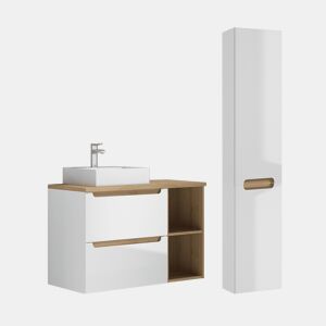 Conjunto móvel lavatório simples 90cm 2 nichos coluna Livia Branco Madeira