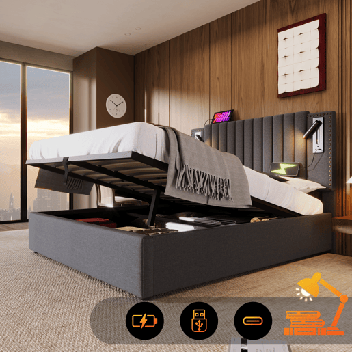 Cama contentora em tecido de algodão 140x200 cm - com luzes de leitura e portas de carregamento USB - com estrado de ripas - Cinzento