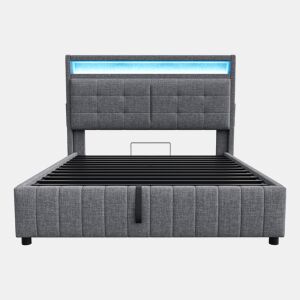 Cama contentora estofada em linho - 160x200 cm - com LED + tomada USB + estrado - Cinzento