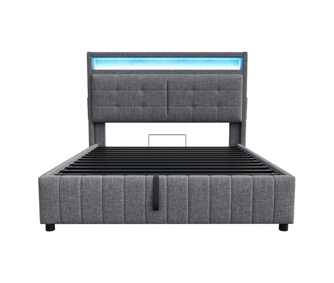 Cama contenedor tapizada de lino - 160x200 cm - con led + toma usb + somier - gris