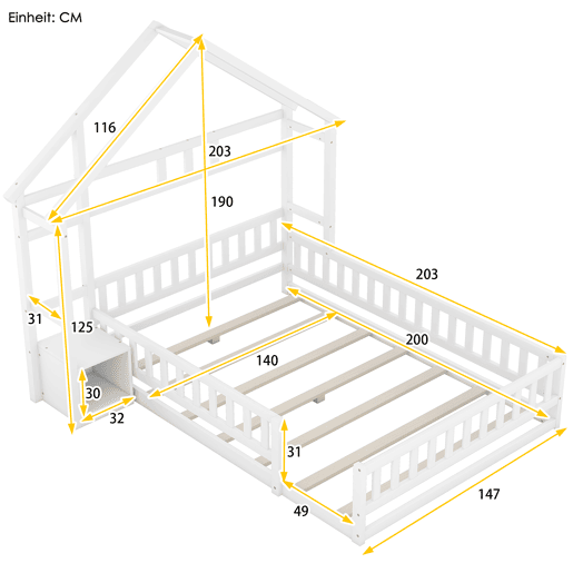 Cama de cabina para crianças 140x200 cm com mesa de cabeceira e grades de proteção - estrado - Branco