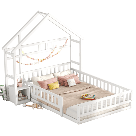 Cama de cabina para crianças 140x200 cm com mesa de cabeceira e grades de proteção - estrado - Branco