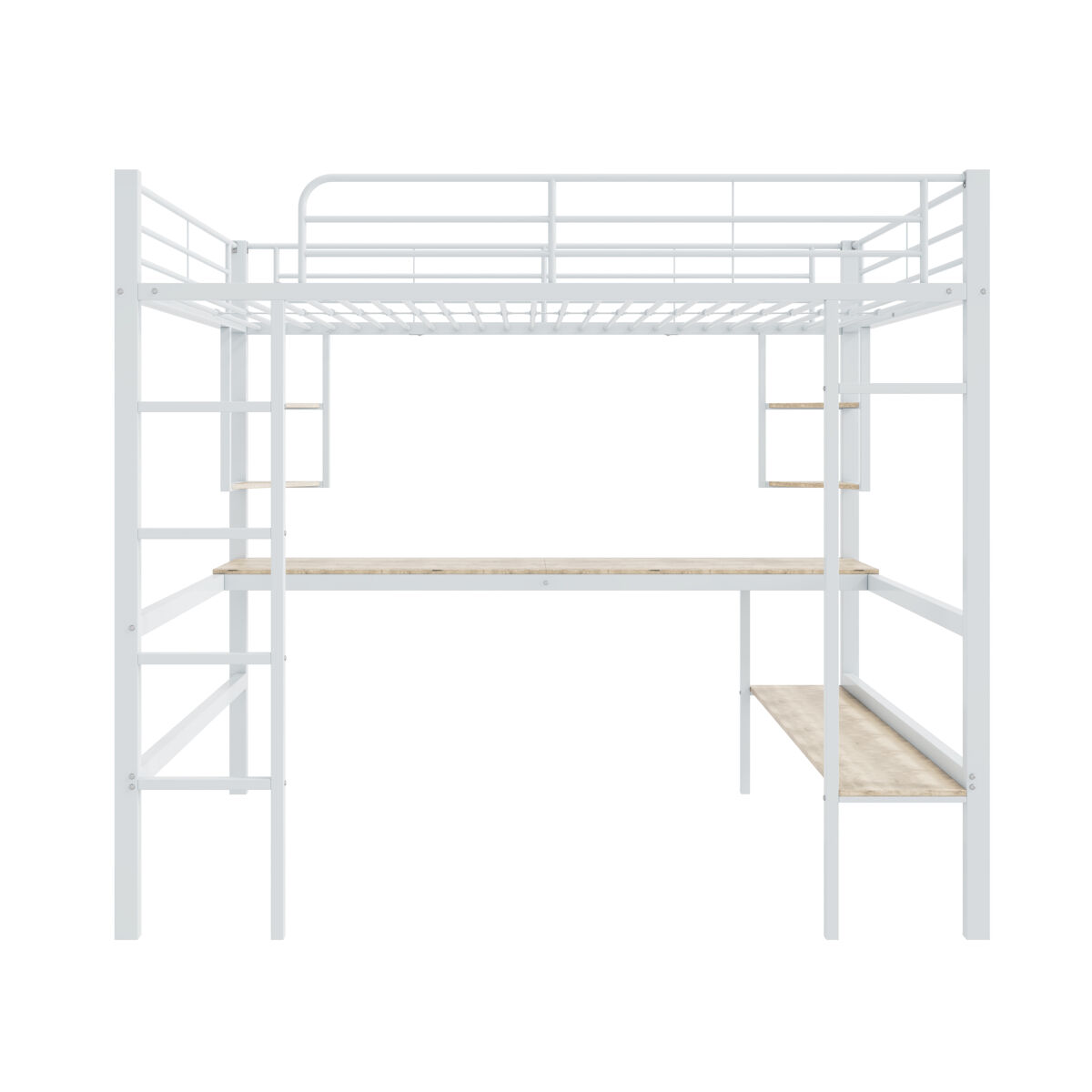Cama entrepiso de hierro - 140x200 cm - con escritorio y 5 estantes - blanco