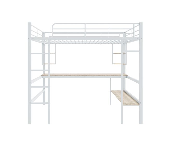 Cama entrepiso de hierro - 140x200 cm - con escritorio y 5 estantes - blanco