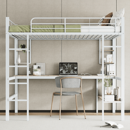 Cama mezzanine em ferro - 140x200 cm - com secretária e 5 prateleiras - Branco
