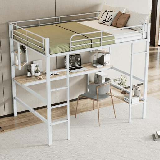 Cama mezzanine em ferro - 140x200 cm - com secretária e 5 prateleiras - Branco