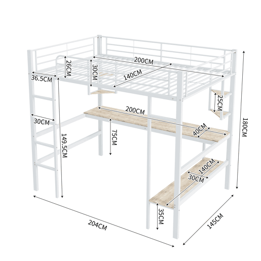 Cama mezzanine em ferro - 140x200 cm - com secretária e 5 prateleiras - Branco