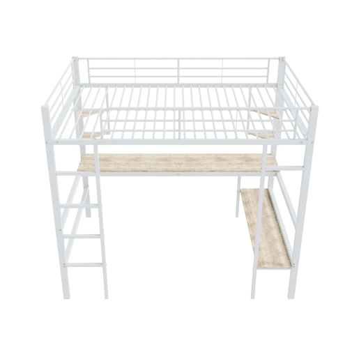 Cama mezzanine em ferro - 140x200 cm - com secretária e 5 prateleiras - Branco