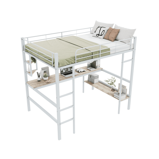 Cama mezzanine em ferro - 140x200 cm - com secretária e 5 prateleiras - Branco