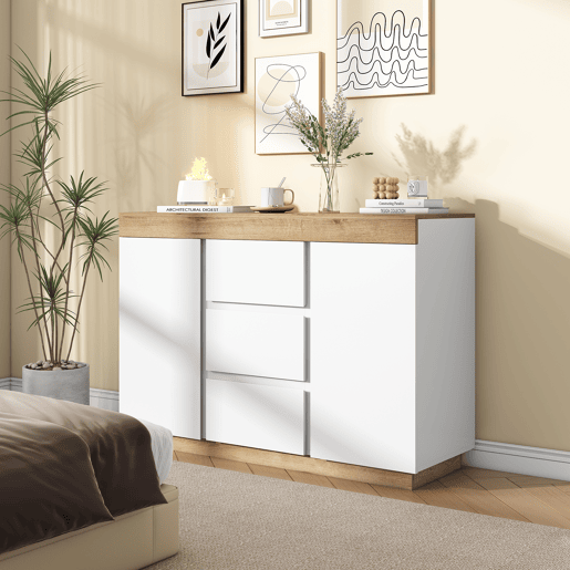 Cómoda moderna com 3 gavetas e 2 portas - aglomerado de partículas - Branco