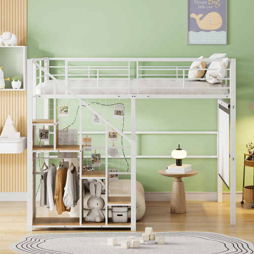 Cama mezzanine para crianças 140x200 cm - com escada de segurança e arrumação - Branco