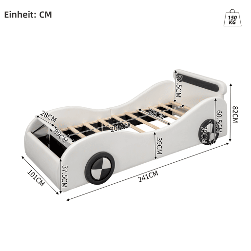Cama de criança 90x200cm - Cama almofadada em forma de carro com rodas iluminadas - Branco