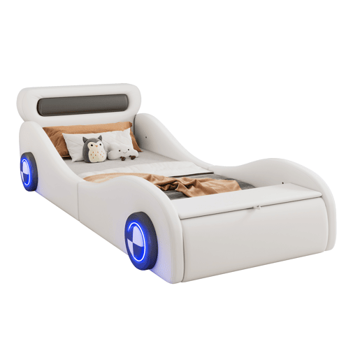 Cama de criança 90x200cm - Cama almofadada em forma de carro com rodas iluminadas - Branco