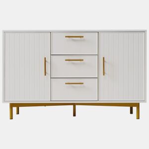 Cómoda decorada com riscas verticais - 3 gavetas e 2 portas com prateleiras reguláveis - Branco
