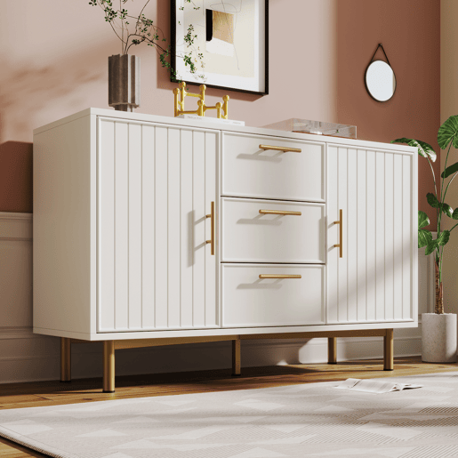 Cómoda decorada com riscas verticais - 3 gavetas e 2 portas com prateleiras reguláveis - Branco