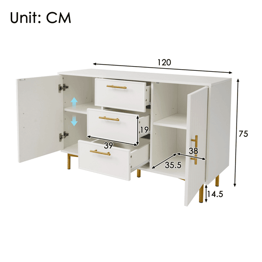 Cómoda decorada com riscas verticais - 3 gavetas e 2 portas com prateleiras reguláveis - Branco